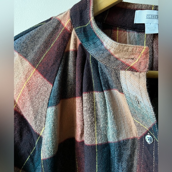CLOSED Plaid Flannel Shift Dress Fall Comfy Feminine‎ Dark Academia Preppy M - Picture 3 of 9
